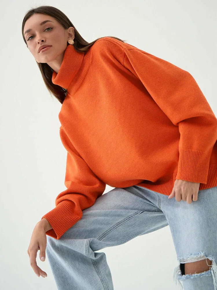 Classic Oversized High Neck Knit Sweater - TEVQA
