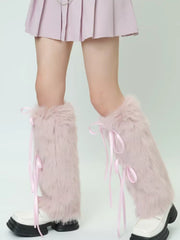 Pink Faux Fur Y2K Leg Warmers with Satin Ribbons