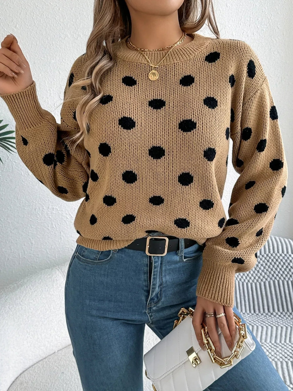 Camel Polka Dot Knit Sweater - View 6 | TEVQA