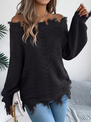 Distressed Off-Shoulder Knit Sweater - View 11 | TEVQA