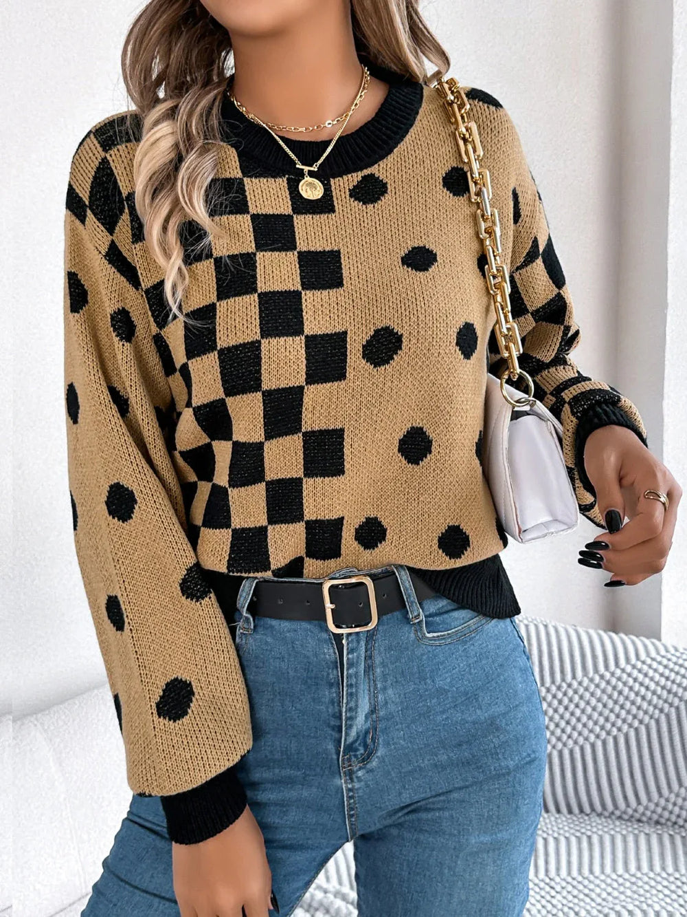 Gray Polka Dot & Checkerboard Knit Sweater - View 16 | TEVQA