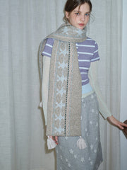 Wool Blend Fair Isle Knitted Scarf Beige Geometric Pattern with Corner Tassels