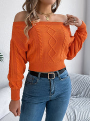 Khaki Off-Shoulder Cable Knit Sweater - View 9 | TEVQA
