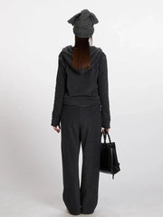 Charcoal Grey Textured Fleece Zip-Up Hoodie - TEVQA