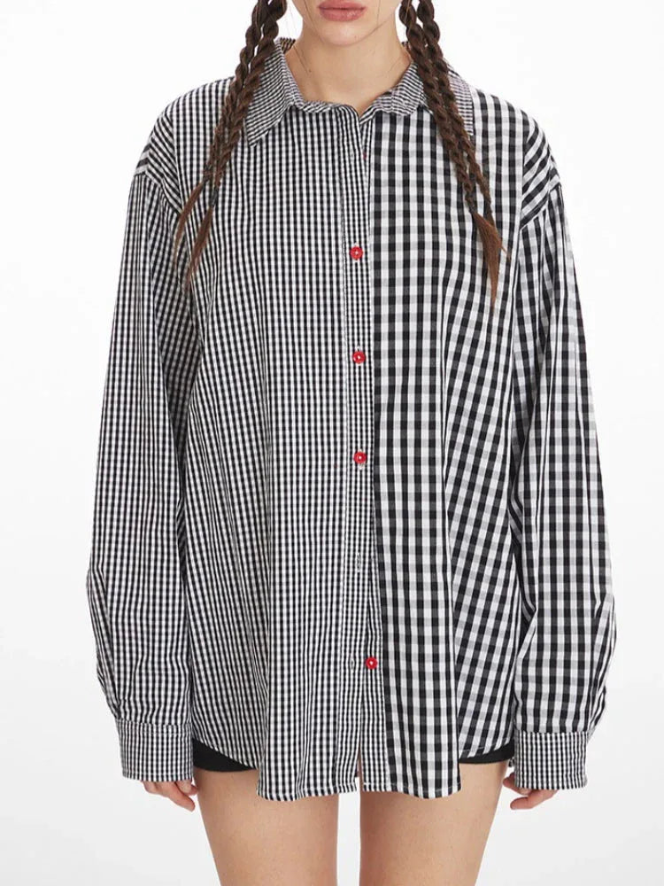 Vintage Inspired Mixed Gingham Oversized Button-Down Shirt - TEVQA