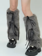 Pink Faux Fur Y2K Leg Warmers with Satin Ribbons