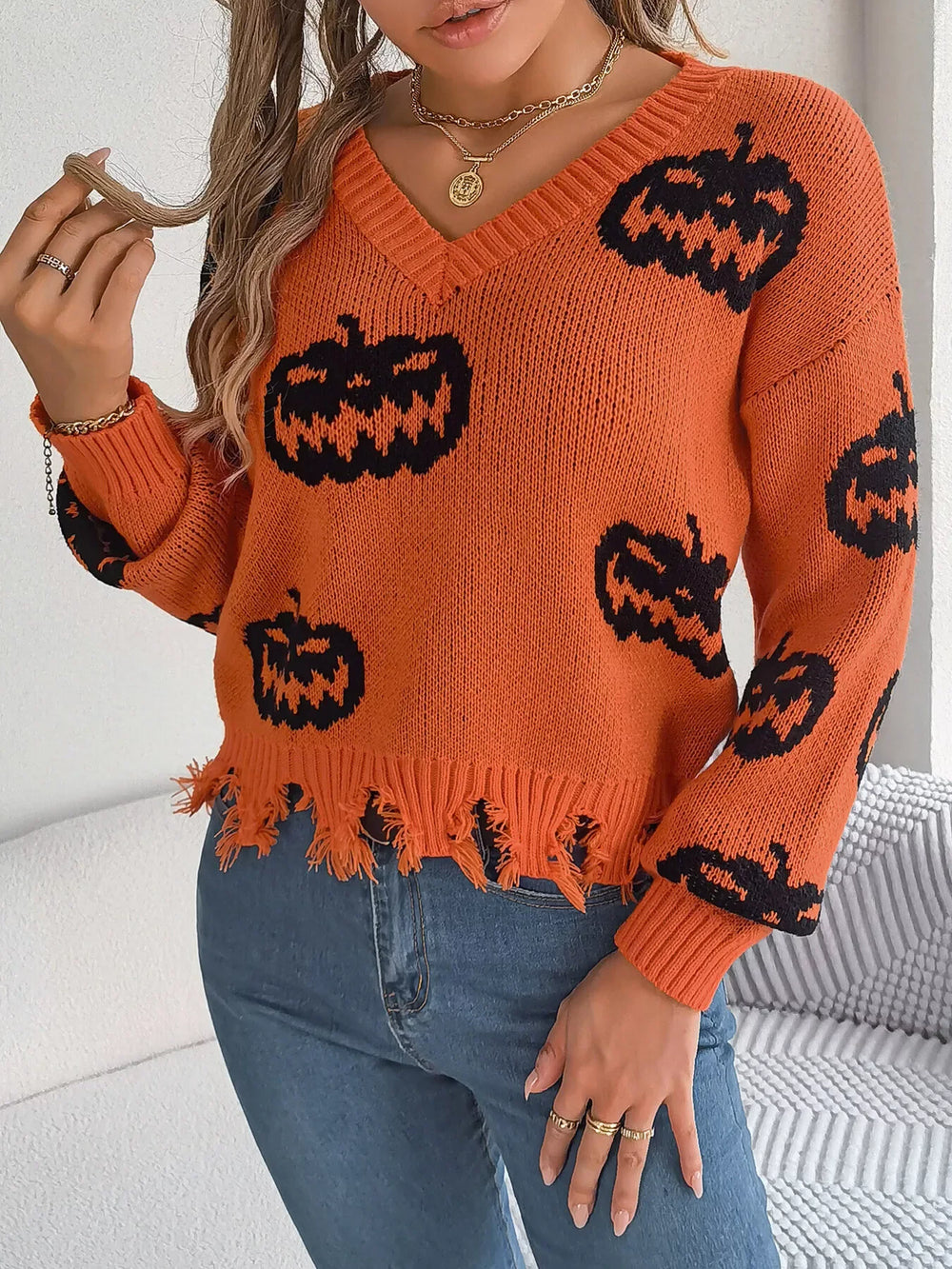 Distressed Pumpkin Knit Sweater - View 16 | TEVQA