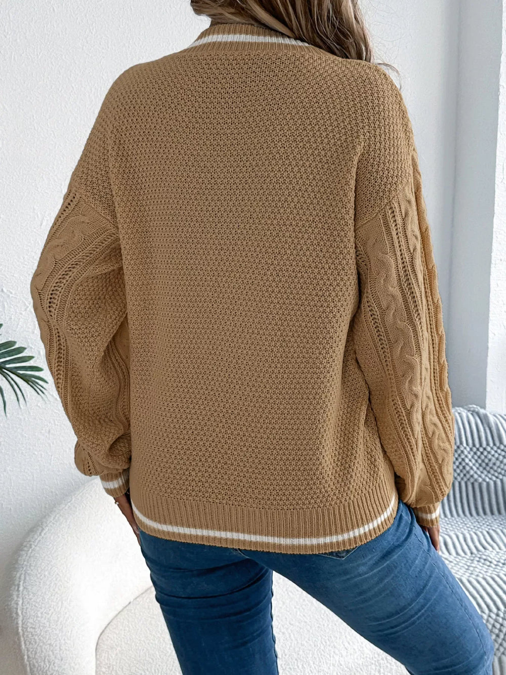 Cable Knit V-Neck Sweater - View 8 | TEVQA