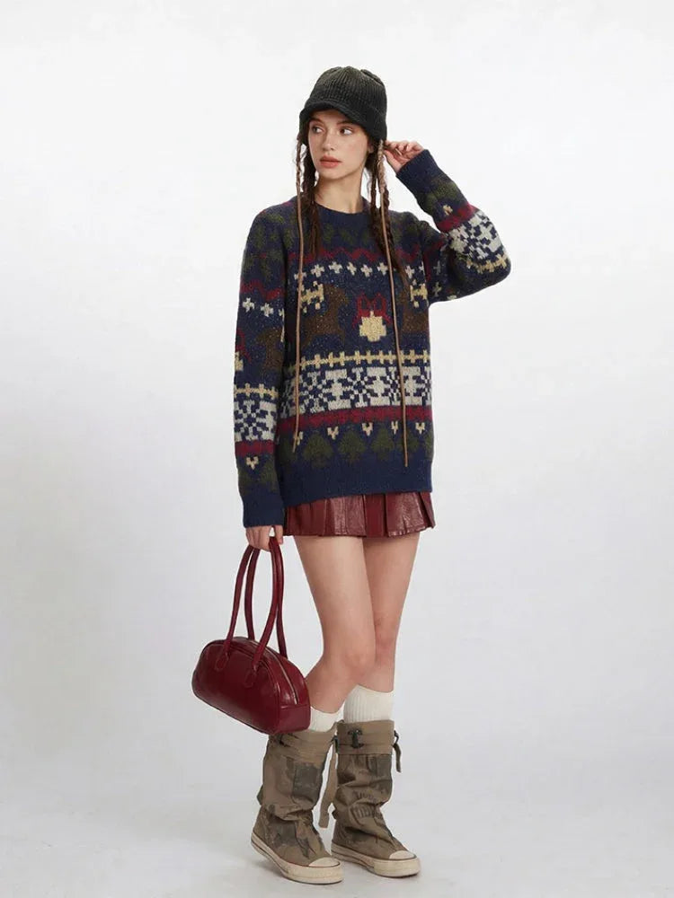 Vintage Navy Fair Isle Holiday Sweater - TEVQA
