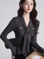 Tie-Neck Ribbed Knit Top Dark Grey