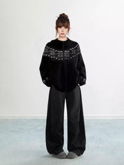 Black Fair Isle Hooded Zip Knit Cardigan Snowflake Pattern