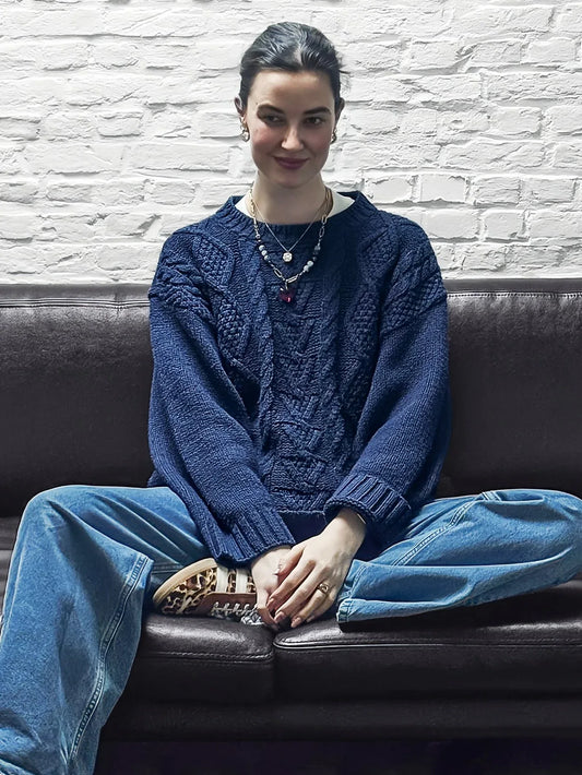 Vintage Navy Cable Knit Sweater - TEVQA