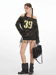 Y2K Grunge Camo Asymmetrical Long Sleeve Top - TEVQA