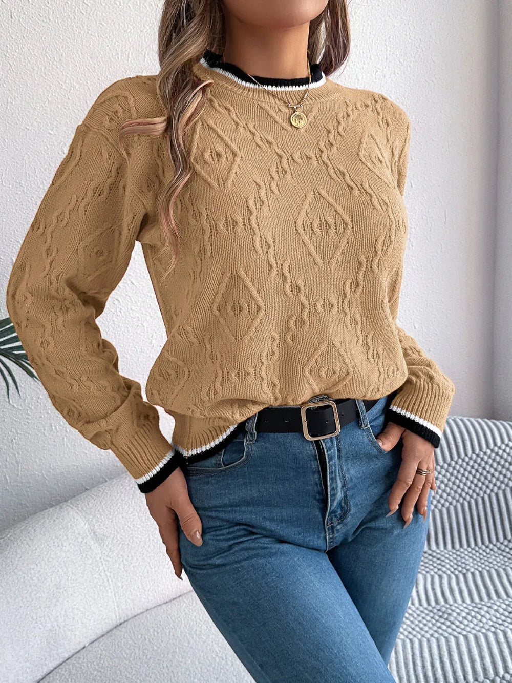 Khaki Textured Knit Sweater - TEVQA