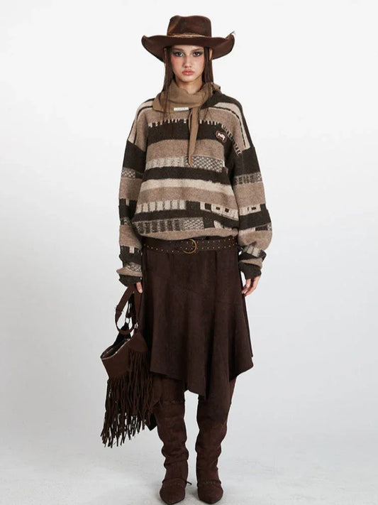 Vintage Brown Striped Distressed Knit Sweater - TEVQA