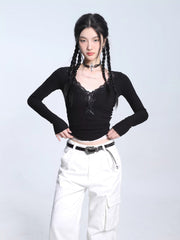 Ribbed knit crop top with lace trim neckline - View 6 | TEVQA