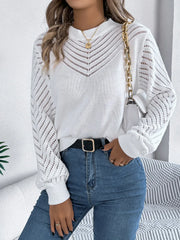 White Hollow Out Pointelle Knit Sweater - TEVQA