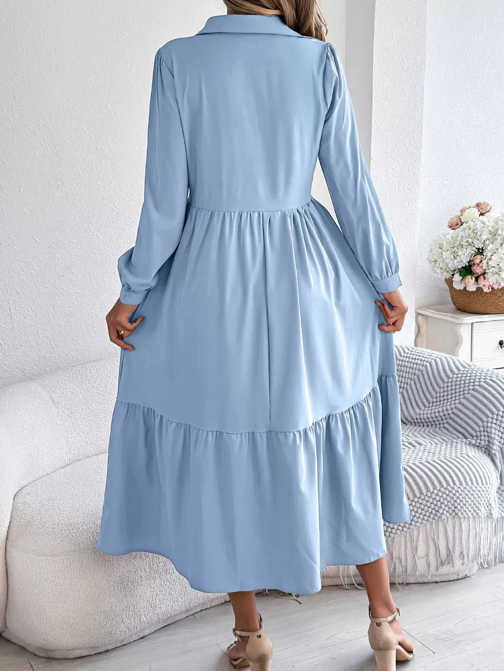 Navy Blue Ruffled Tiered Shirt Dress - View 13 | TEVQA