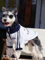 Miniature schnauzer dog standing on a chair wearing a gray zip-up jacket with navy blue trim and stripes