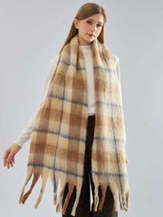 Oversized Plaid Scarf Soft Brushed Long Shawl Wrap with Fringe Beige Check