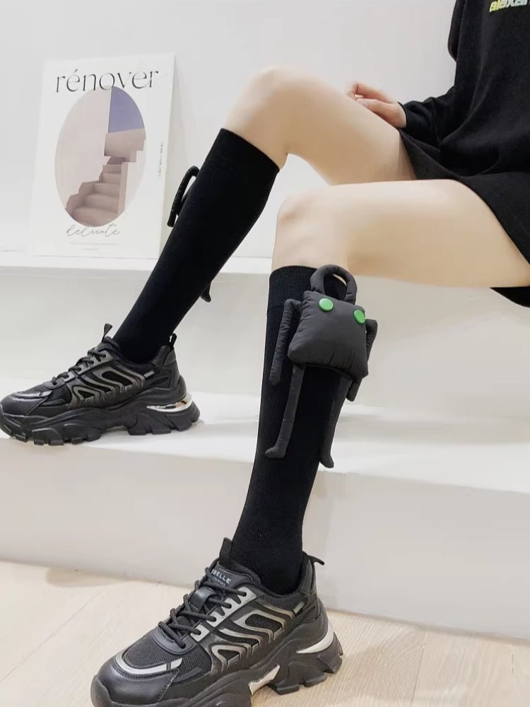 Fluorescent Green Knee High Socks with 3D Quirky Monster Doll - TEVQA