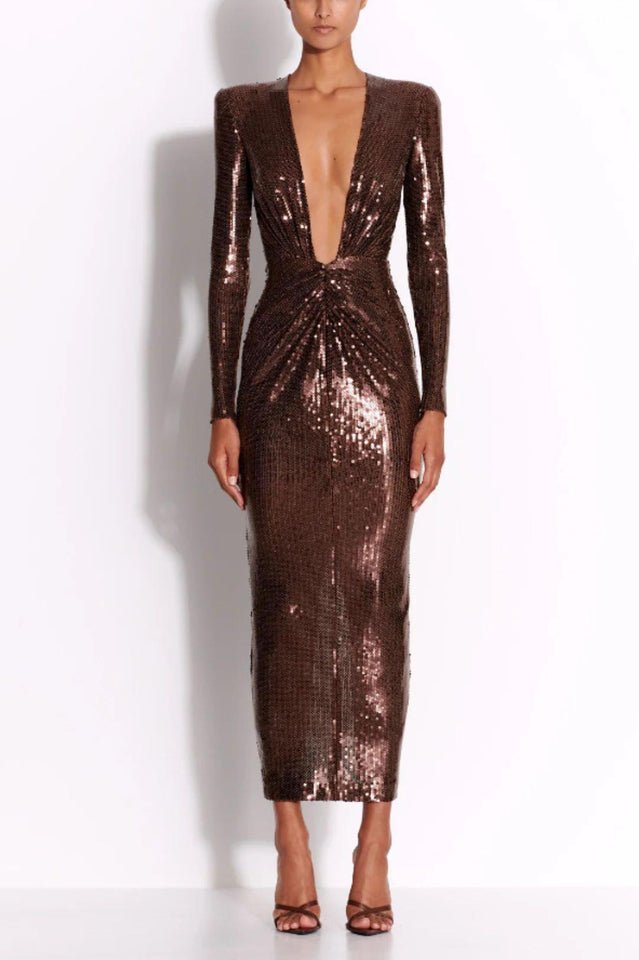 Gathered Sequined Midi Dress in Brown - Tevqa