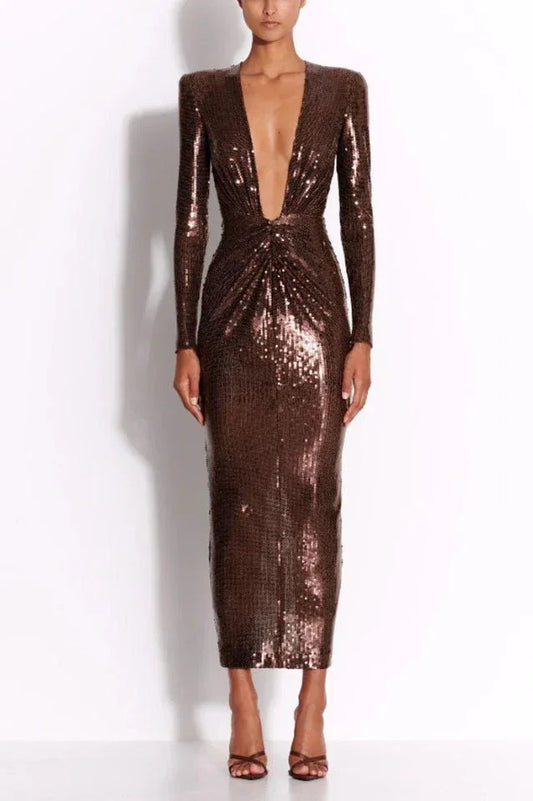 Gathered Sequined Midi Dress in Brown - TEVQA