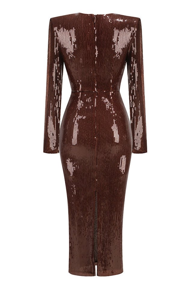 Gathered Sequined Midi Dress in Brown - Tevqa