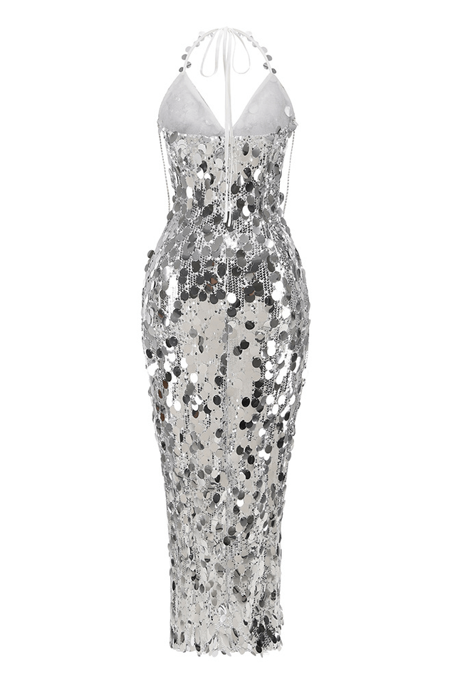 Halter Sequin Embellished Midi Dress - Tevqa