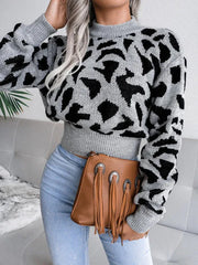 Red Leopard Print Cropped Knit Sweater - View 12 | TEVQA