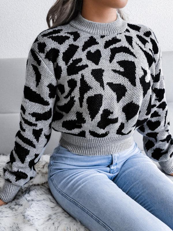 Red Leopard Print Cropped Knit Sweater - View 15 | TEVQA