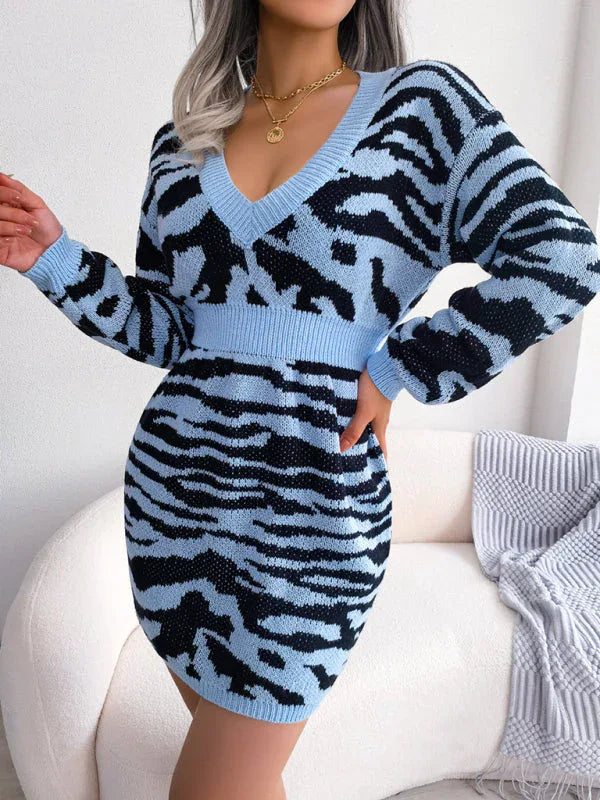Khaki Tiger Print Knit Sweater Dress - View 11 | TEVQA