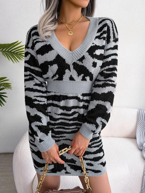 Khaki Tiger Print Knit Sweater Dress - View 8 | TEVQA