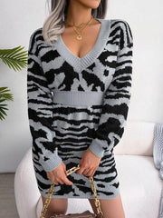 Khaki Tiger Print Knit Sweater Dress - View 8 | TEVQA