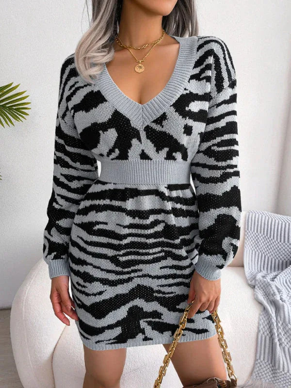 Khaki Tiger Print Knit Sweater Dress - View 7 | TEVQA