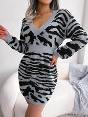 Khaki Tiger Print Knit Sweater Dress - View 9 | TEVQA