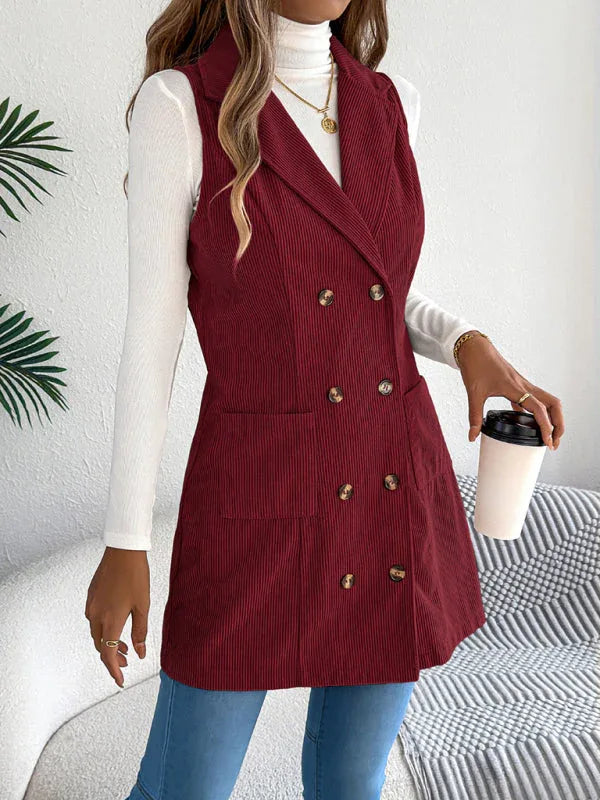 Woman in a burgundy corduroy sleeveless blazer, holding a coffee cup and a handbag.