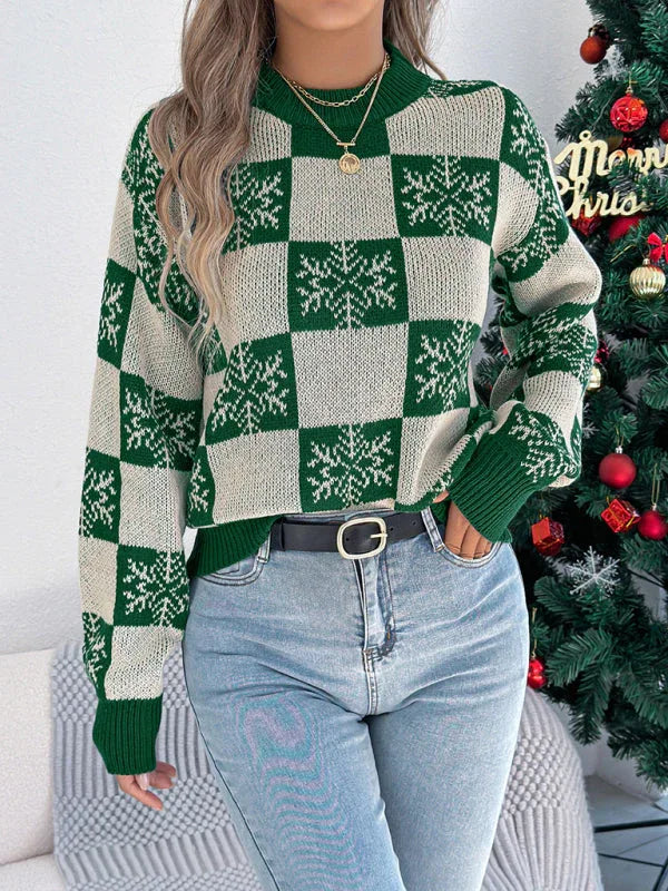 Red Snowflake Checkered Knit Sweater - View 10 | TEVQA