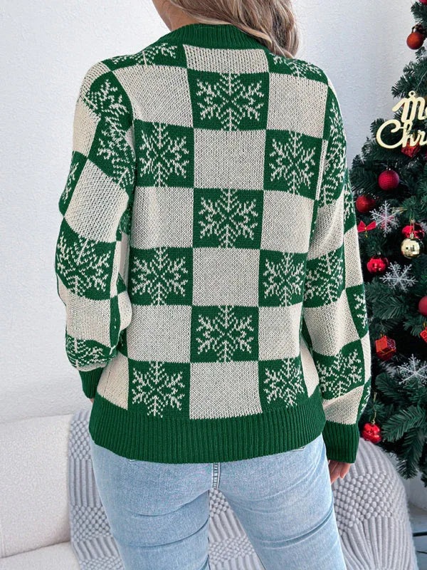 Red Snowflake Checkered Knit Sweater - View 11 | TEVQA