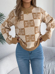 Red Snowflake Checkered Knit Sweater - View 7 | TEVQA