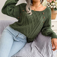 Green Square Neck Pullover Sweater Top - TEVQA