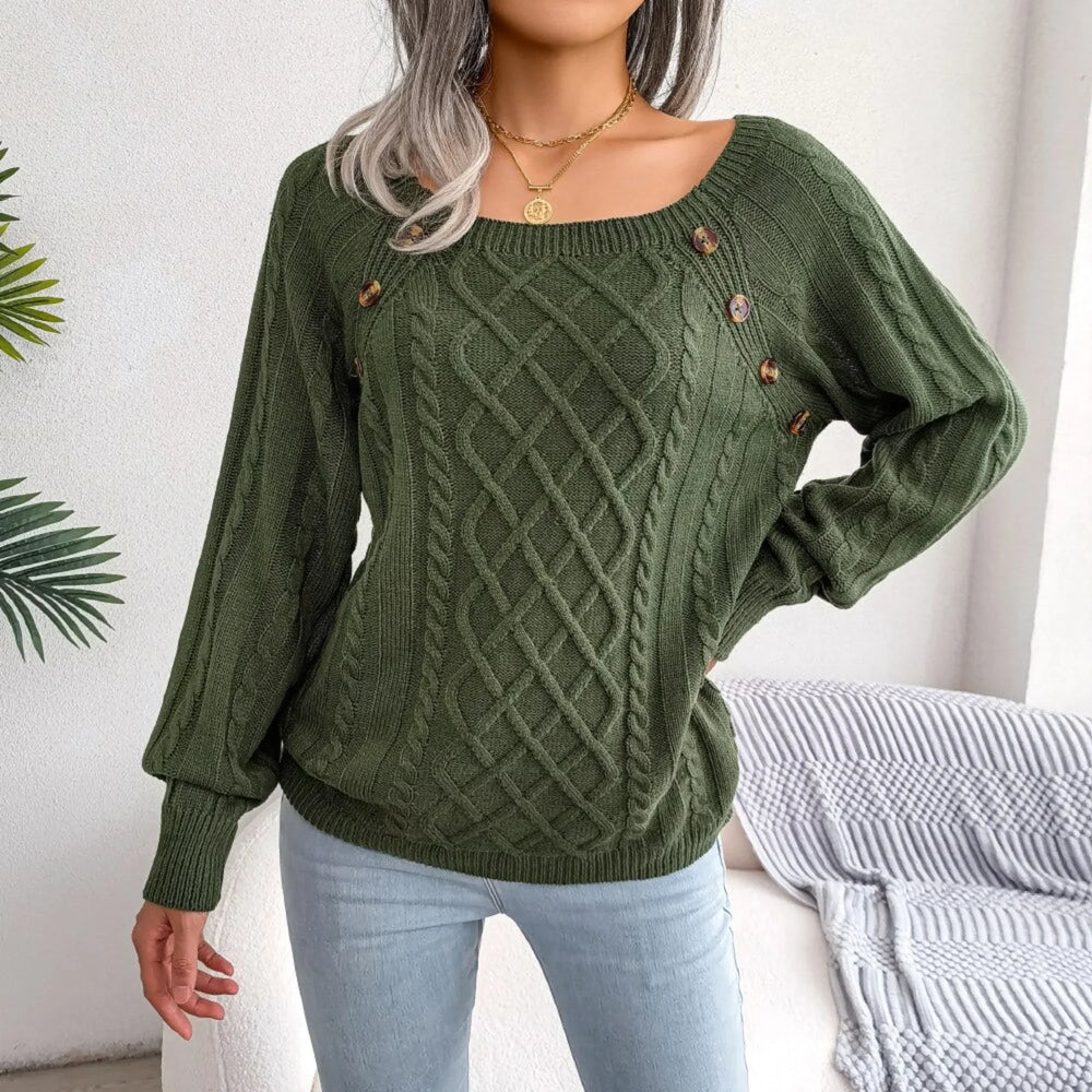Green Square Neck Pullover Sweater Top - TEVQA