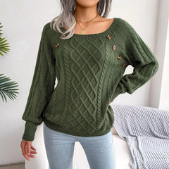 Green Square Neck Pullover Sweater Top - TEVQA