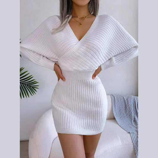 Angelic White Batwing Sleeve Ribbed Knit Sweater Dress - TEVQA