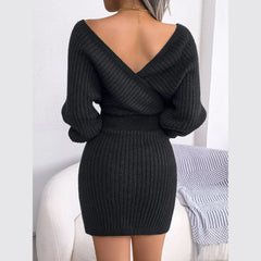 Black ribbed batwing sleeve sweater dress - View 6 | TEVQA