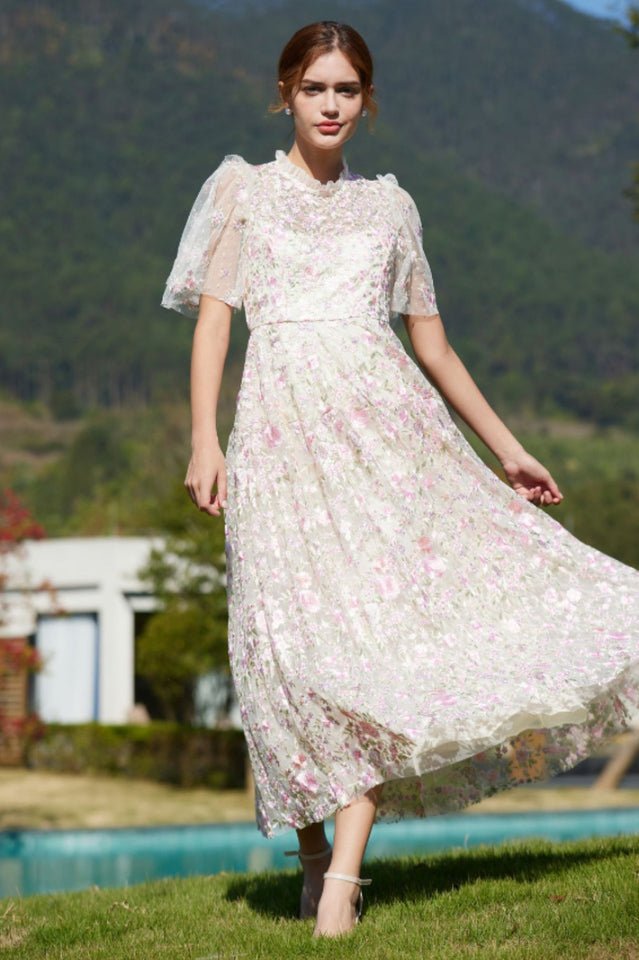Lavish Embroidered Tulle Maxi Dress - Tevqa