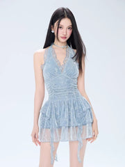 Light Blue Halter Ruched One - Piece Swimsuit - TEVQA