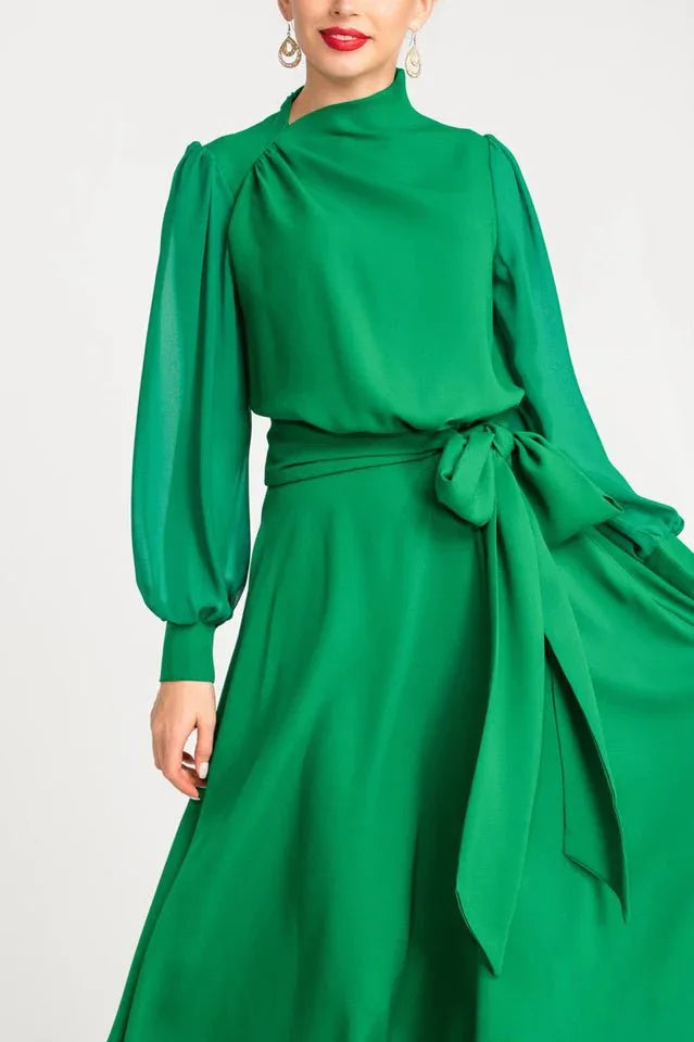 Green midi dress with long sleeves and belt - View 6 | TEVQA