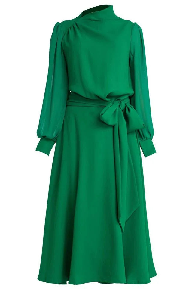 Green midi dress with long sleeves and belt - View 9 | TEVQA
