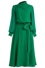 Green midi dress with long sleeves and belt - View 9 | TEVQA
